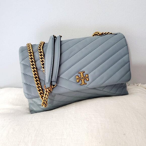 Tory Burch Kira Chevron Leather Shoulder Bag Slate Blue Gold Chain Crossbody
